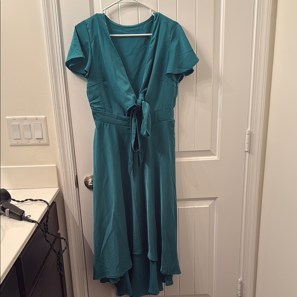 Amazon Blue High Low Wrap Sundress with Flutter Sleeves